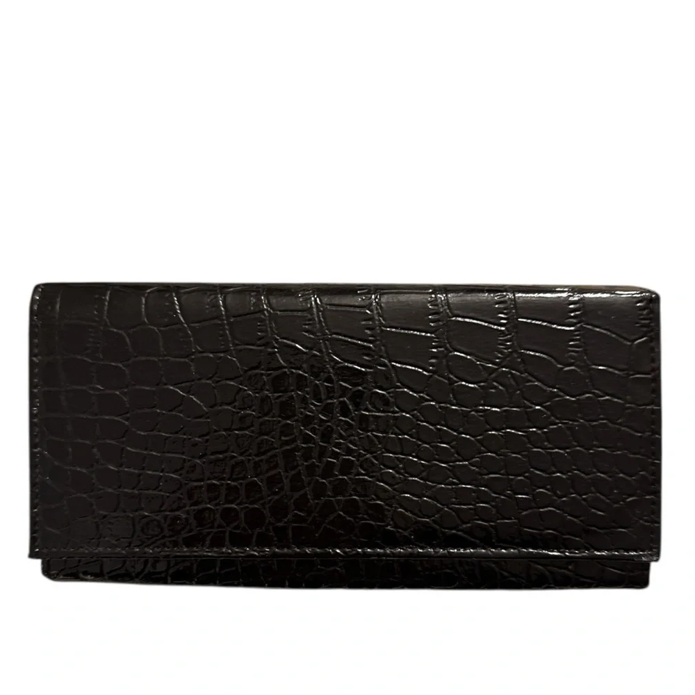 Metropolitan Croc Embossed Bifold Kiss Lock Wallet Clutch Black Vegan Leather